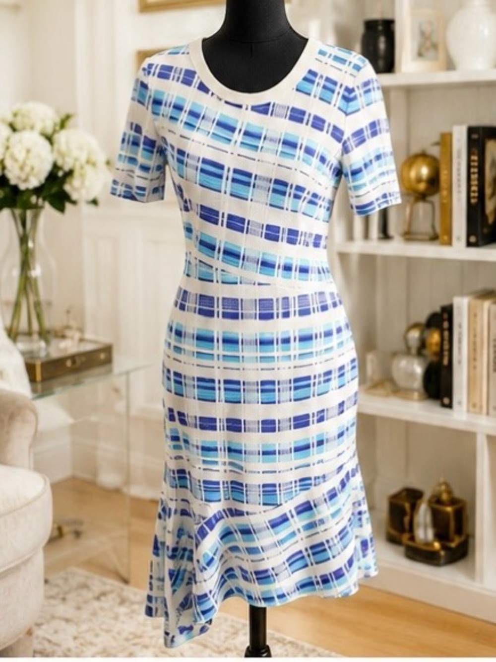 Milly Blue & White Plaid Short-Sleeve Midi Dress _ Size Large
